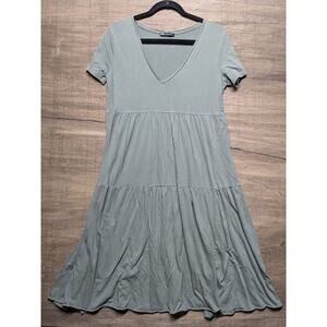 Zara Wmns Size M Midi Tiered T Shirt Dress Green Short Sleeve V-neck Cottagecore